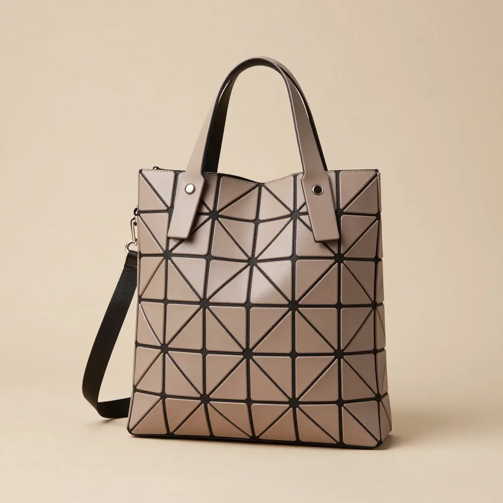 A boldly patterned geometric mochila bag on a light background